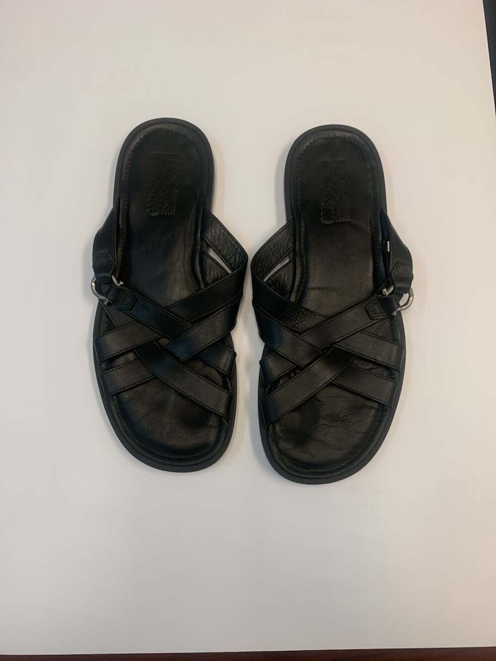 Salvatore Ferragamo Men's Black Leather Cross-Strap Gancini Sandals